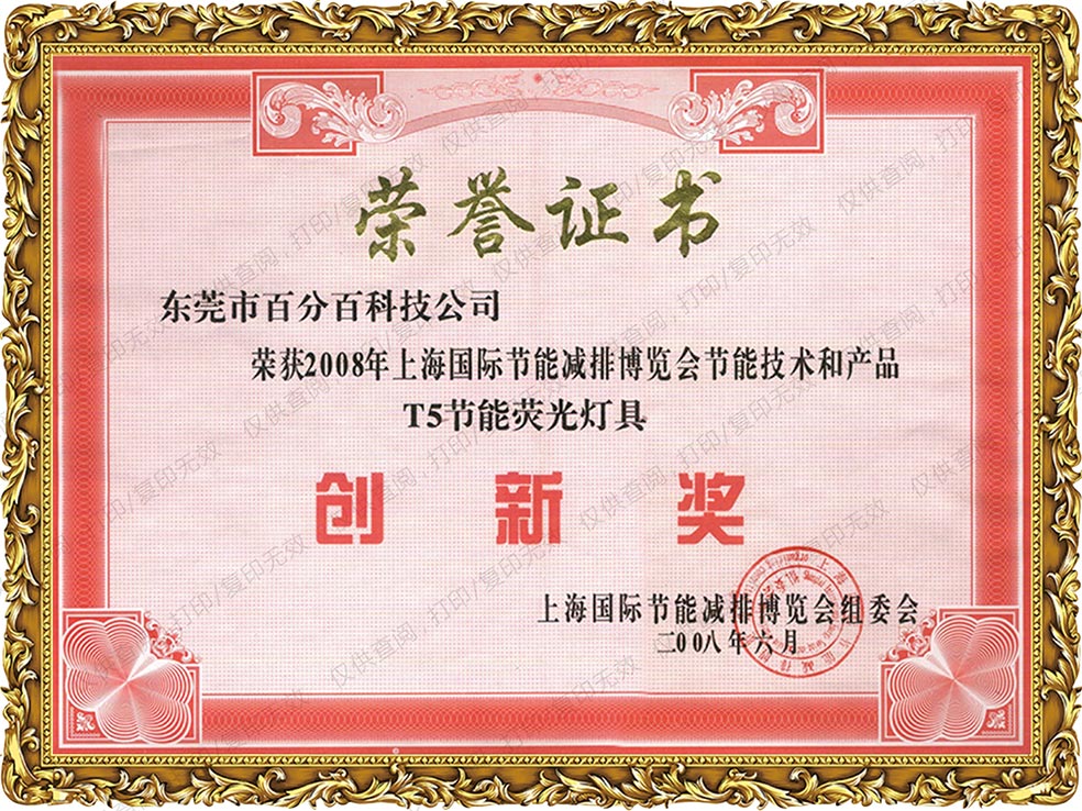 2008年上海國際節能減排博覽會節能技術和產品T5節能熒光燈具獲創新獎